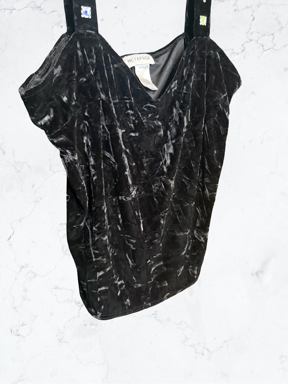 Metaphor Vintage Crushed Velvet Black Jewel-Strap Women's Top - Picture 5 of 6